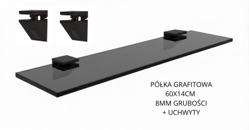 Półka szklana grafitowa 8mm 60x14cm czarne uchwyty