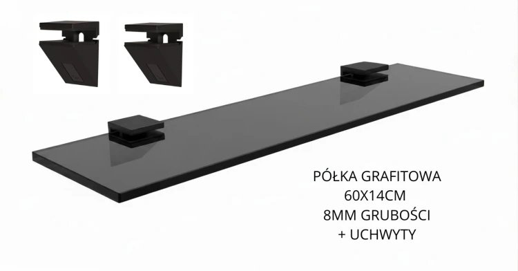 Półka szklana grafitowa 8mm 60x14cm czarne uchwyty