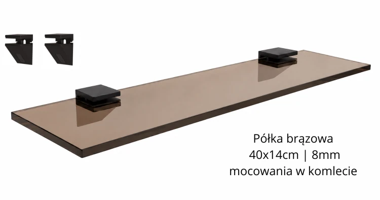 Półka szklana brązowa | przydymiana  8mm 40x14cm czarne uchwyty