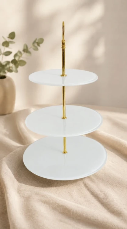 Patera 3 piętrowa szkło Biała + złoty stelaż | candy bar wesele słodki stół