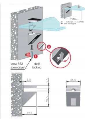 Półka szklana narożna pod prysznic 25x25 8mm grafit czarne uchwyty