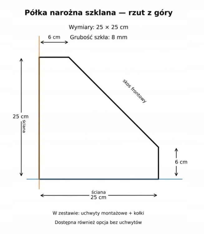 Półka szklana narożna do łazienki pod prysznic 25x25 8mm optiwhite uchwyty