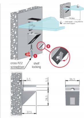 Półka szklana narożna pod prysznic 30x30 8mm bezbarwna czarne uchwyty