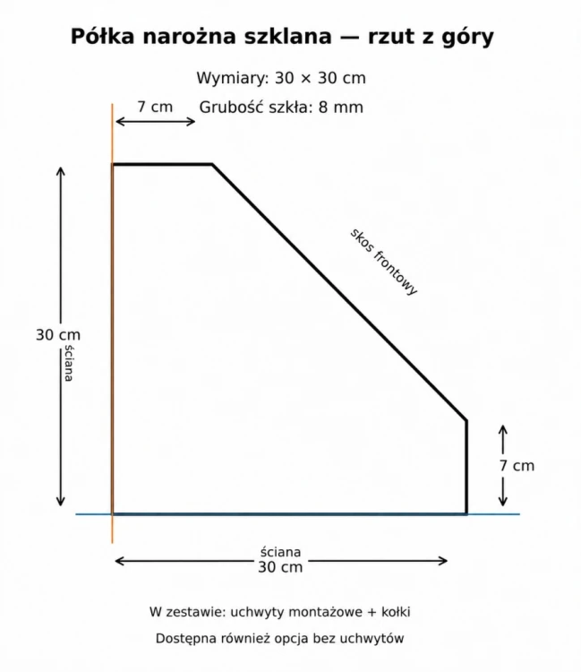 Półka szklana narożna pod prysznic 30x30 8mm grafitowa czarne uchwyty