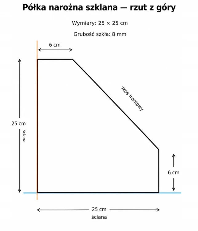 Półka szklana narożna pod prysznic 25x25 8mm clear optiwhite BEZ UCHWYTÓW