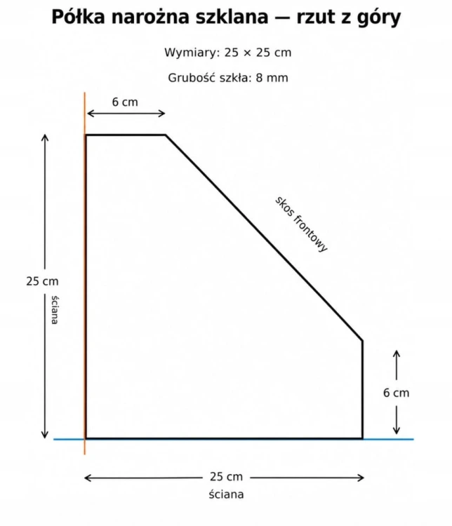 Półka szklana narożna pod prysznic 25x25 8mm bezbarwna BEZ UCHWYTÓW