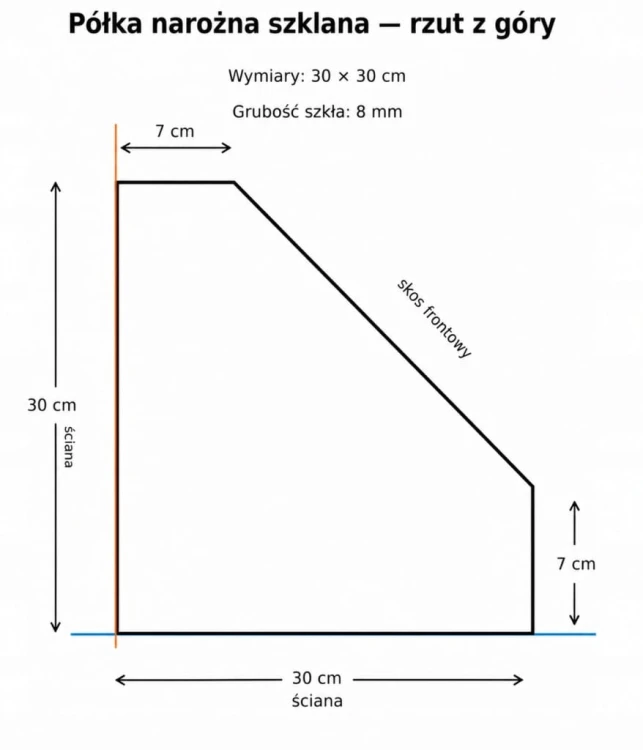 Półka szklana narożna pod prysznic 30x30 8mm bezbarwna BEZ UCHWYTÓW