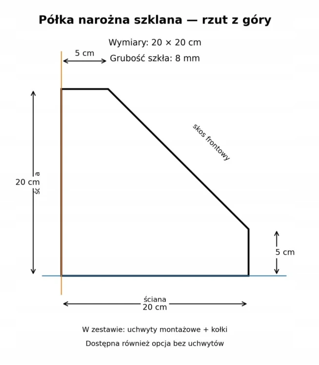 Półka szklana narożna pod prysznic 20x20 8mm grafitowa czarne uchwyty